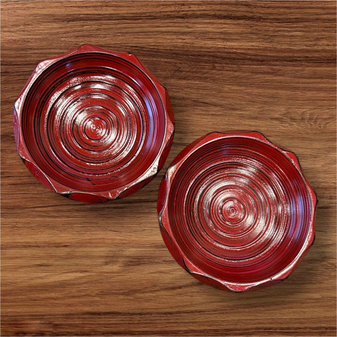 木製漆塗り ノミ彫 茶托 皿 2枚セット 茶托 4.5 独楽文様 5枚